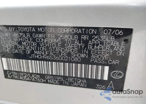 2006 Lexus Gs 300 z USA, uszkodzony, nr VIN JTHCH96S360021080